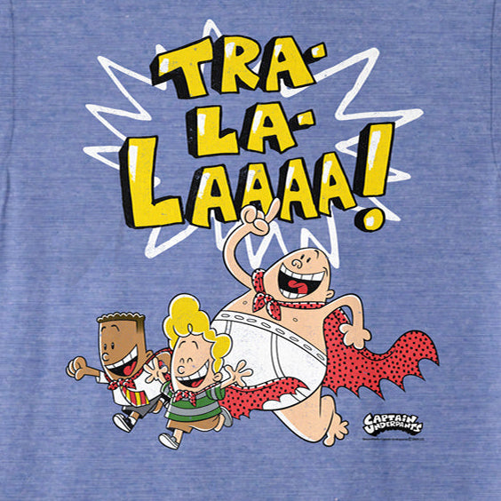 Blue t-shirt with cartoon characters and 'TRA-LA-LAAAA!' text on a white background