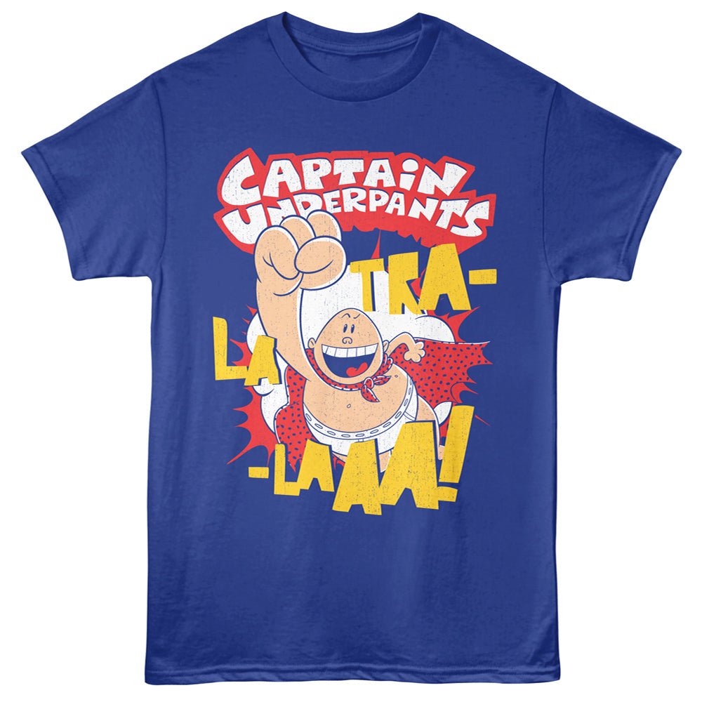 Blue t-shirt with Captain Underpants graphic and text on a white background