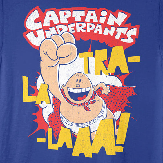 Blue t-shirt with Captain Underpants graphic and text on a white background