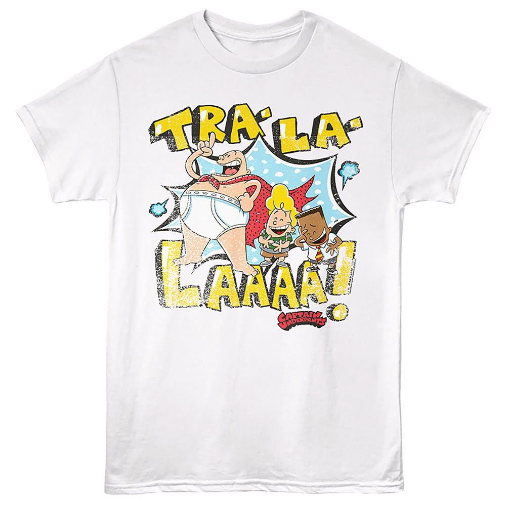 White t-shirt with cartoon characters and 'TRA-LA-LAA!' text on a white background