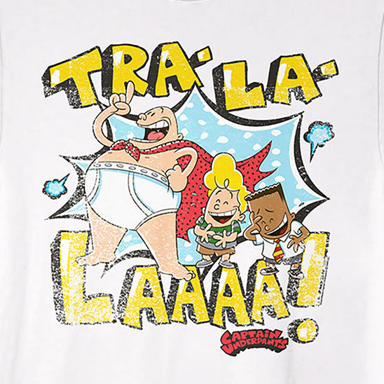 White t-shirt with cartoon characters and 'TRA-LA-LAA!' text on a white background