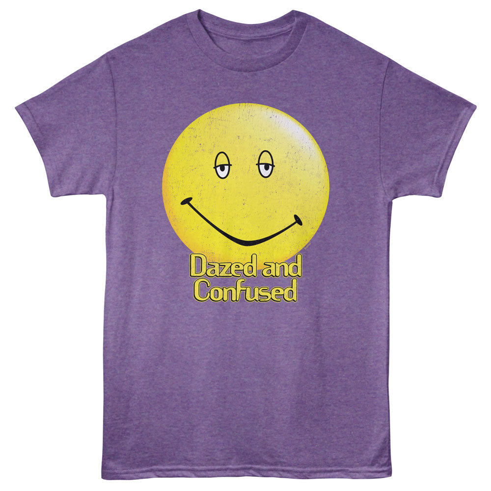 Purple t-shirt with a yellow smiley face and 'Dazed and Confused' text on a white background