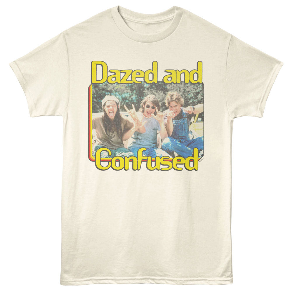 Beige t-shirt with 'Dazed and Confused' graphic and text on a white background