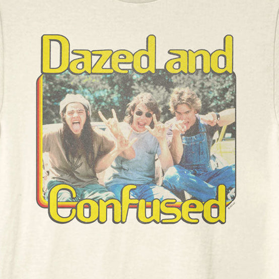 Beige t-shirt with 'Dazed and Confused' graphic and text on a white background