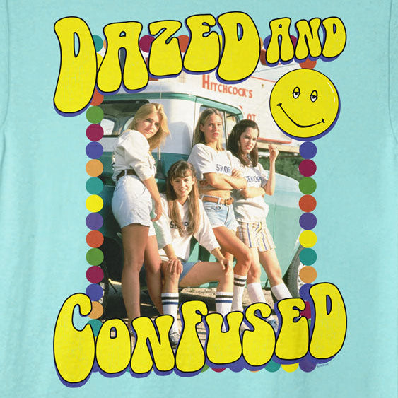 Light blue t-shirt with 'Dazed and Confused' graphic design featuring a group of people and a smiley face.