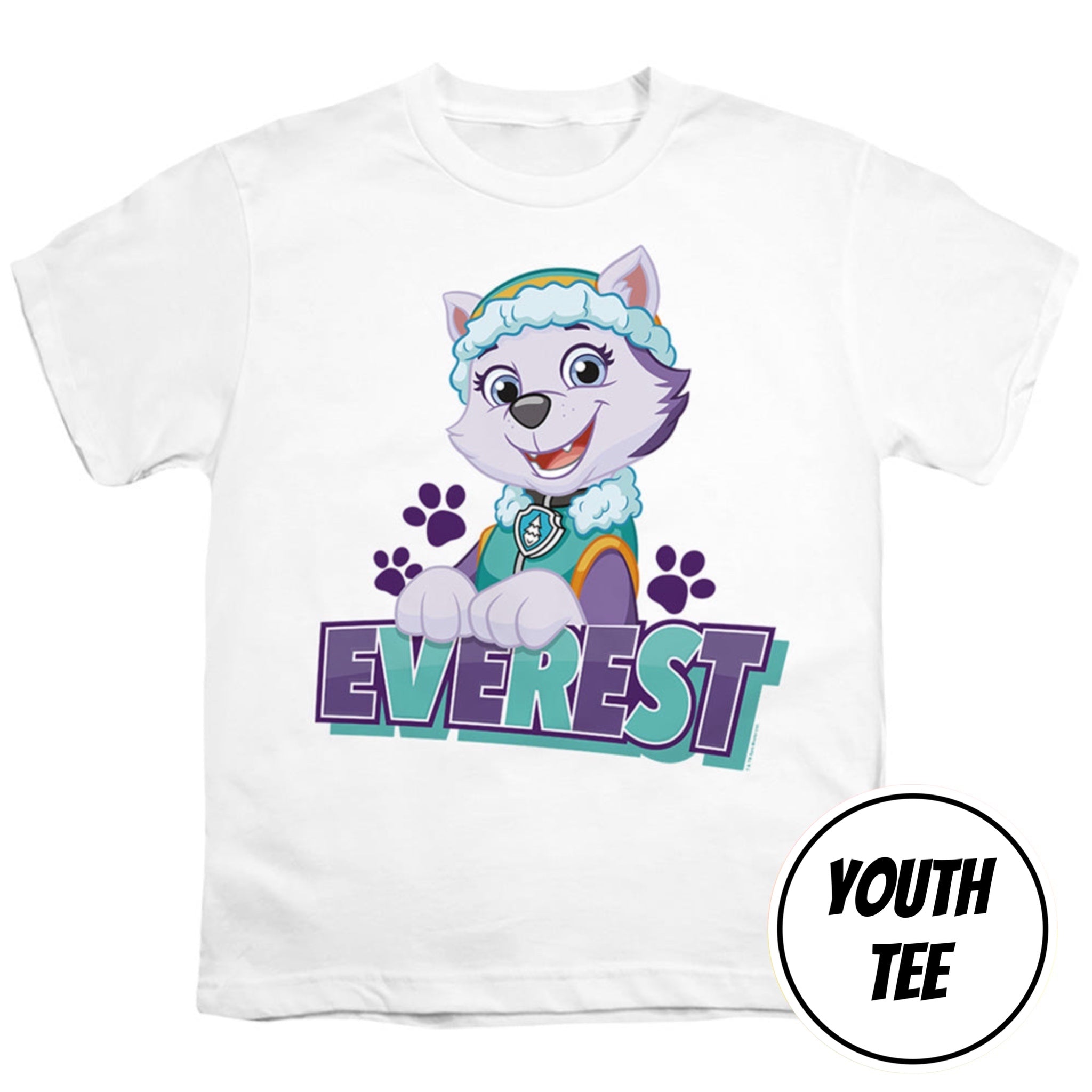 A white youth short-sleeve t-shirt featuring a graphic of Everest, a cartoon husky from Paw Patrol, with the word 'EVEREST' in purple and teal text. A black circle label in the bottom right corner reads 'YOUTH TEE'.