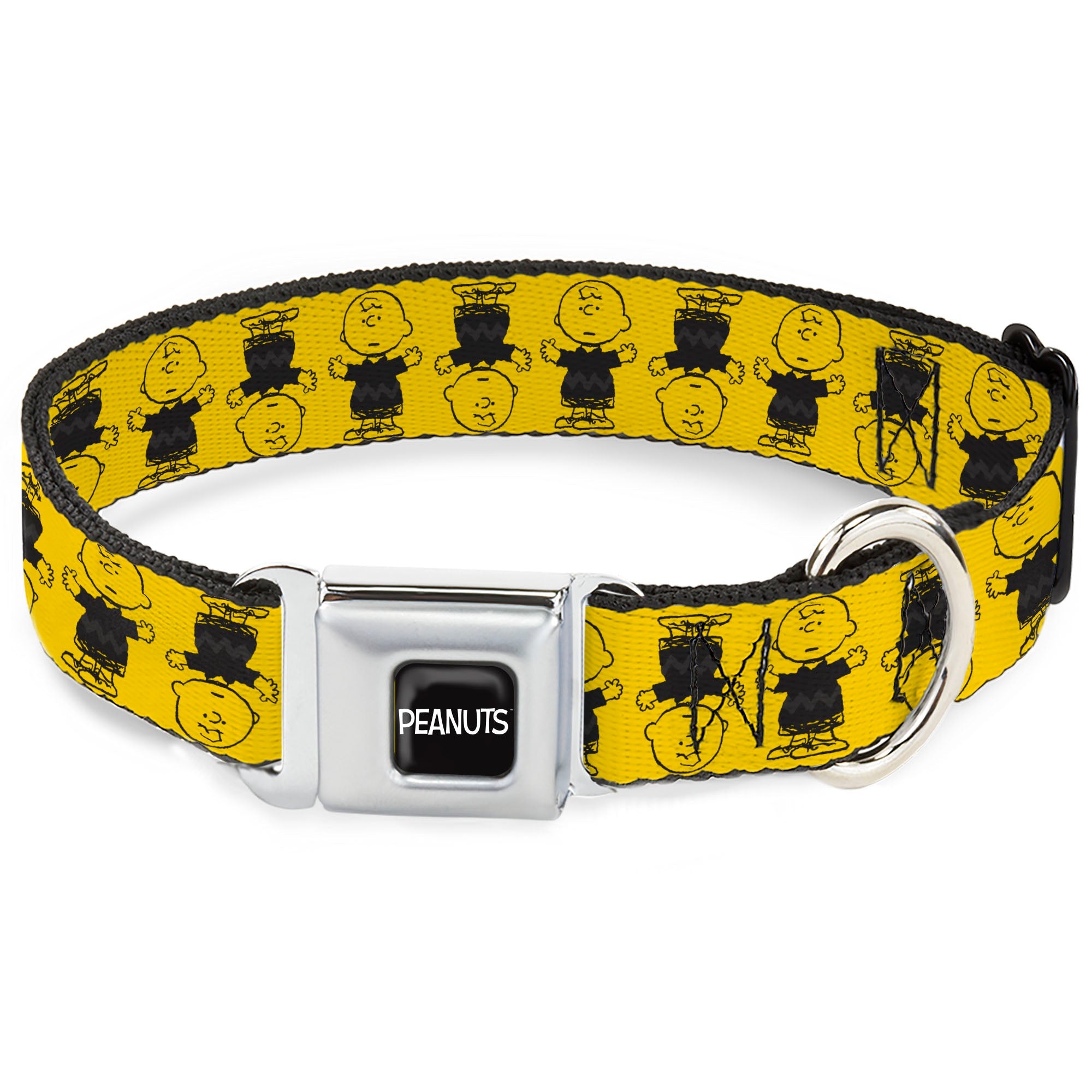 PEANUTS Title Logo Full Color Black/White Seatbelt Buckle Collar - Peanuts Charlie Brown Pose Flip Yellow/Black