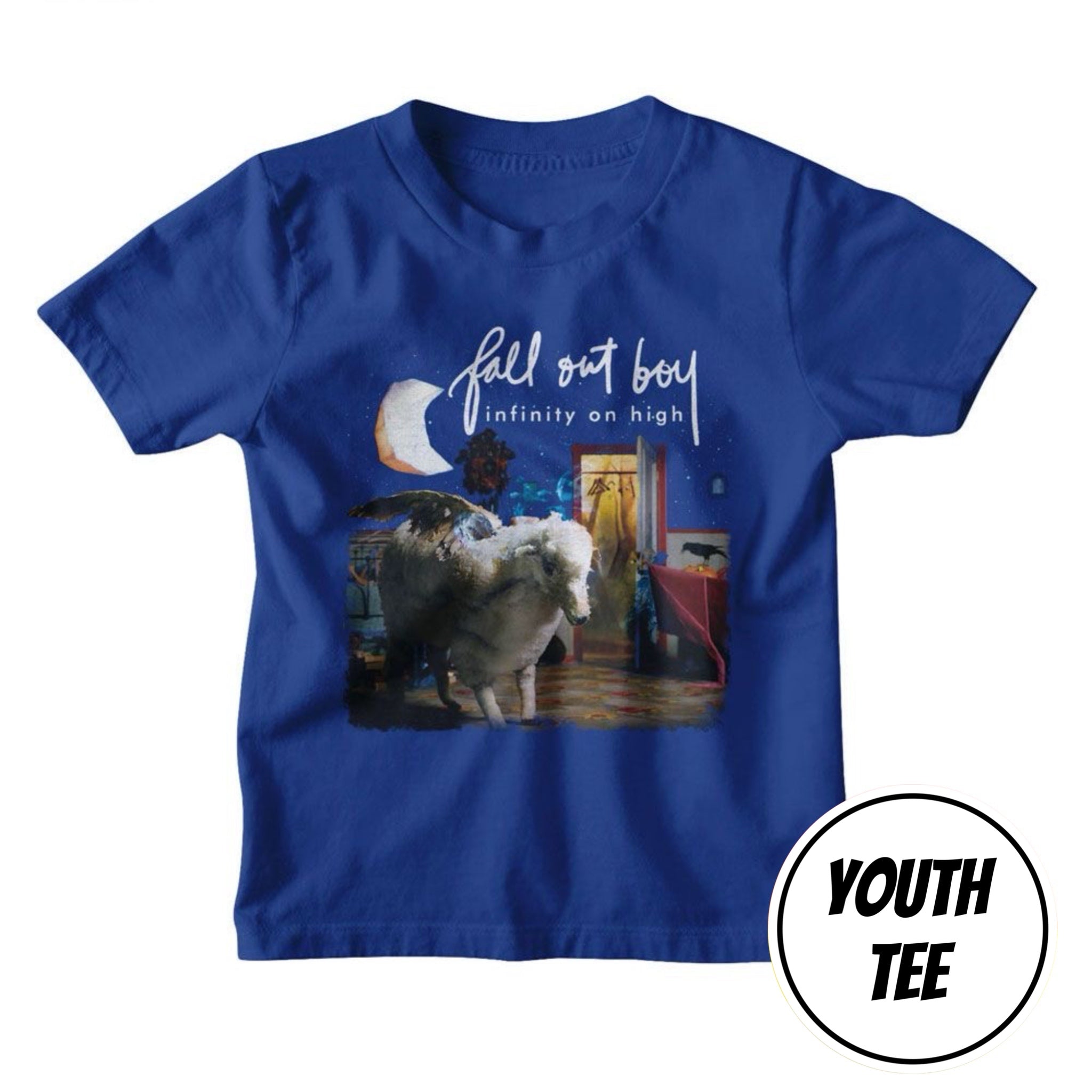A royal blue youth t-shirt with a graphic print featuring a sheep, a crescent moon, and the text 'fall out boy infinity on high'. A white circular badge in the bottom right corner reads 'YOUTH TEE'.
