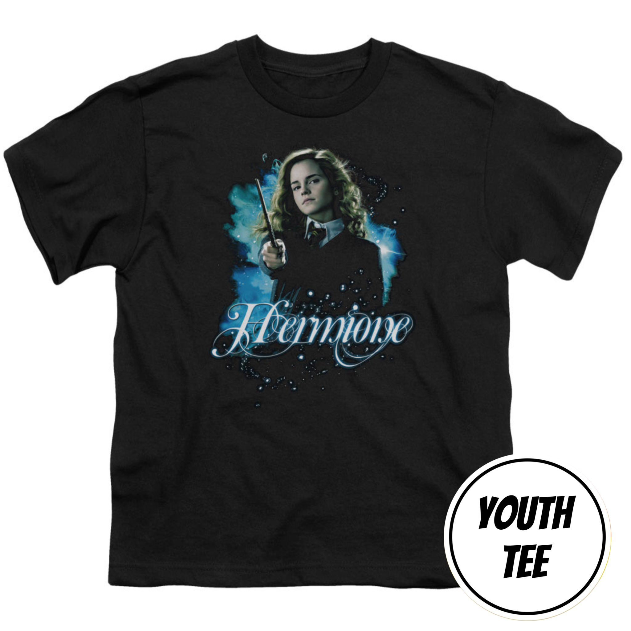 A youth black short-sleeve t-shirt featuring a graphic print of Hermione Granger holding her wand, with 'Hermione' written in a stylized blue font below. A circular 'YOUTH TEE' label is in the bottom right corner.