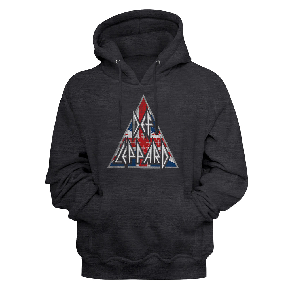 A dark heather gray pullover hoodie featuring a distressed red, white, and blue triangle graphic on the chest with the text 'Def Leppard'.