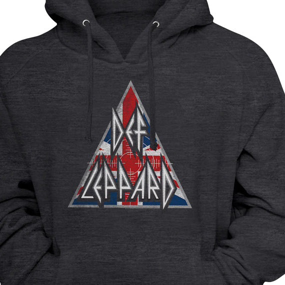A dark heather gray pullover hoodie featuring a distressed red, white, and blue triangle graphic on the chest with the text 'Def Leppard'.