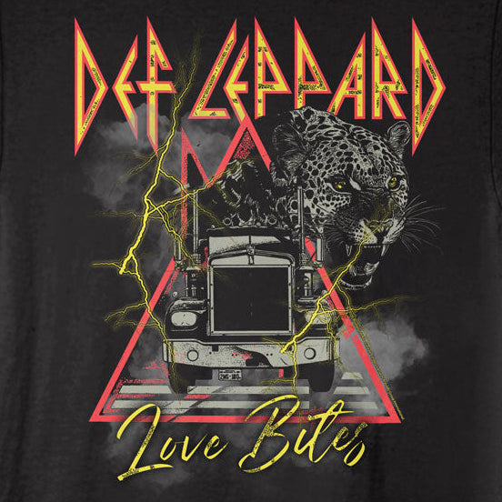 Black t-shirt with Def Leppard graphic design on a white background