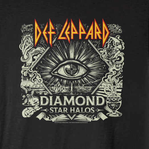 Black t-shirt with Def Leppard logo and eye design on a white background