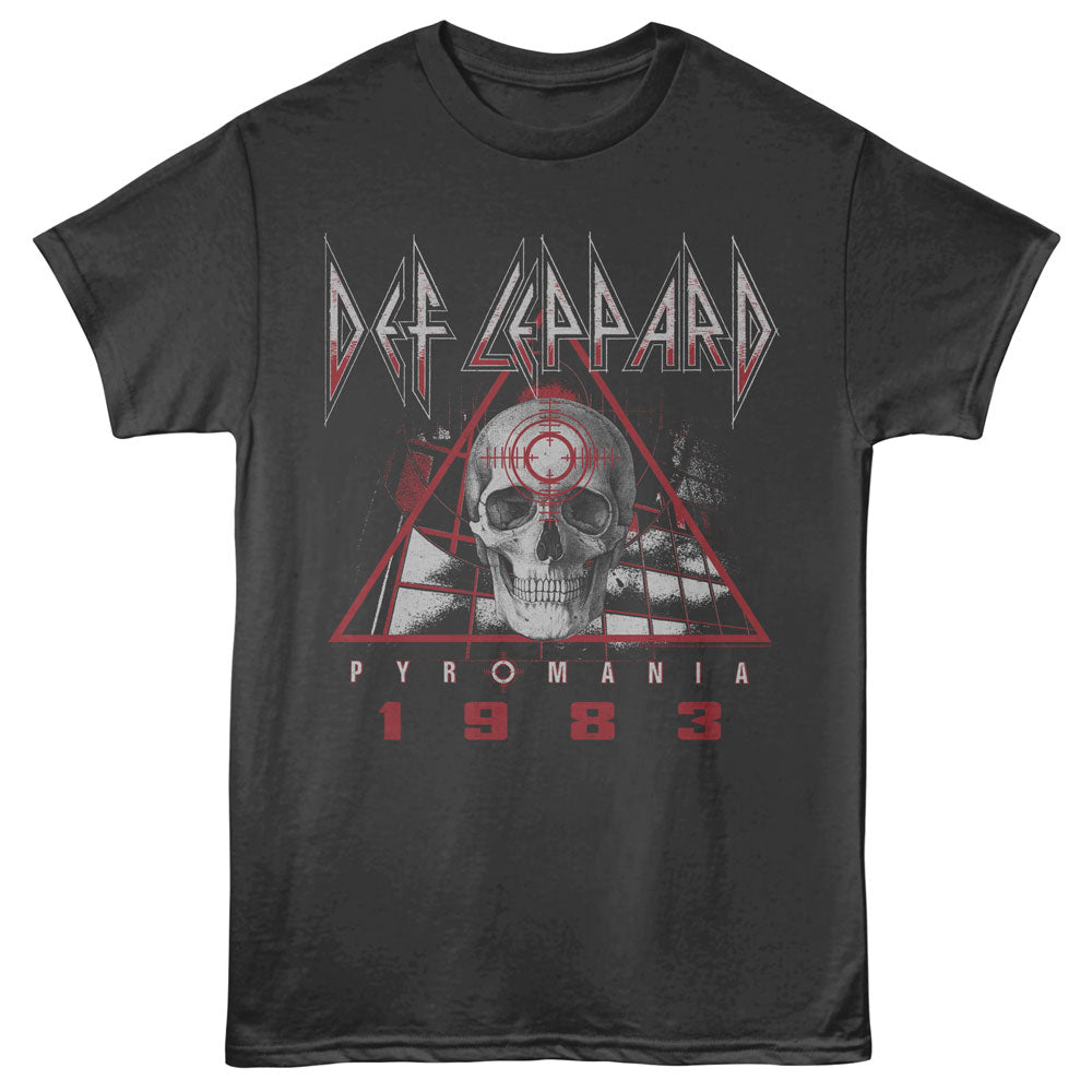 Black t-shirt with Def Leppard 'Pyromania 1983' graphic design on a white background