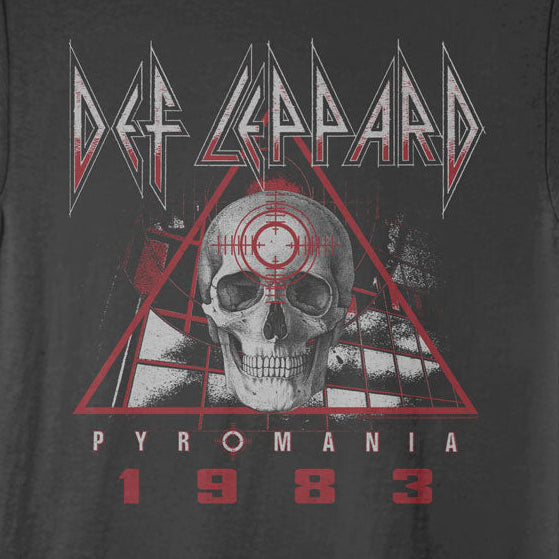 Black t-shirt with Def Leppard 'Pyromania 1983' graphic design on a white background