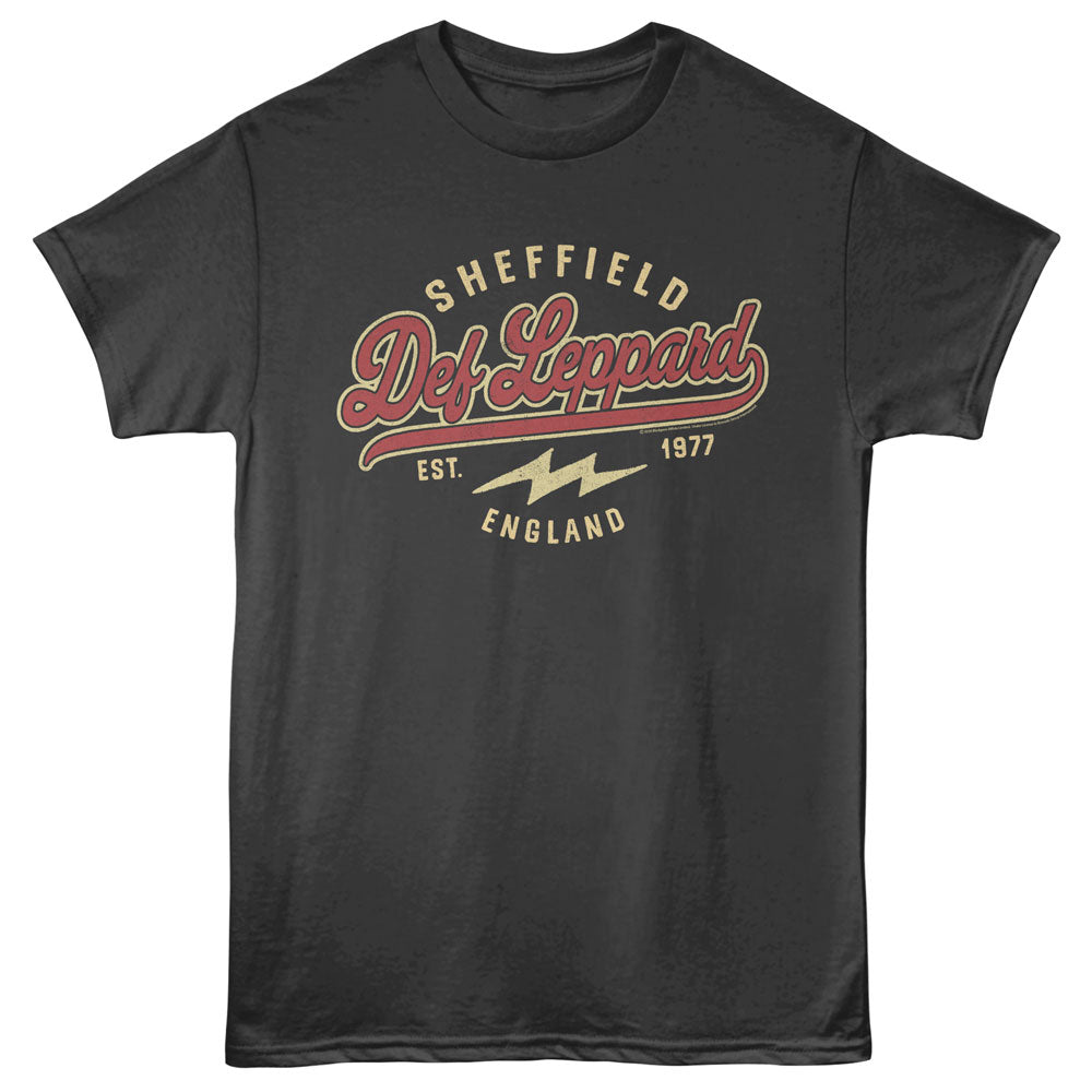 Black t-shirt with Def Leppard logo and text on a white background