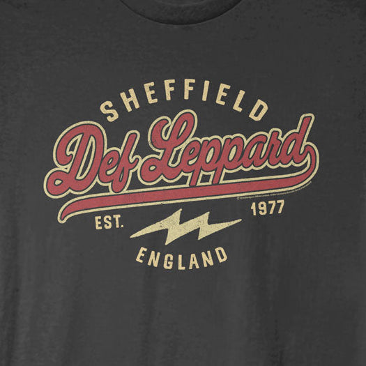 Black t-shirt with Def Leppard logo and text on a white background