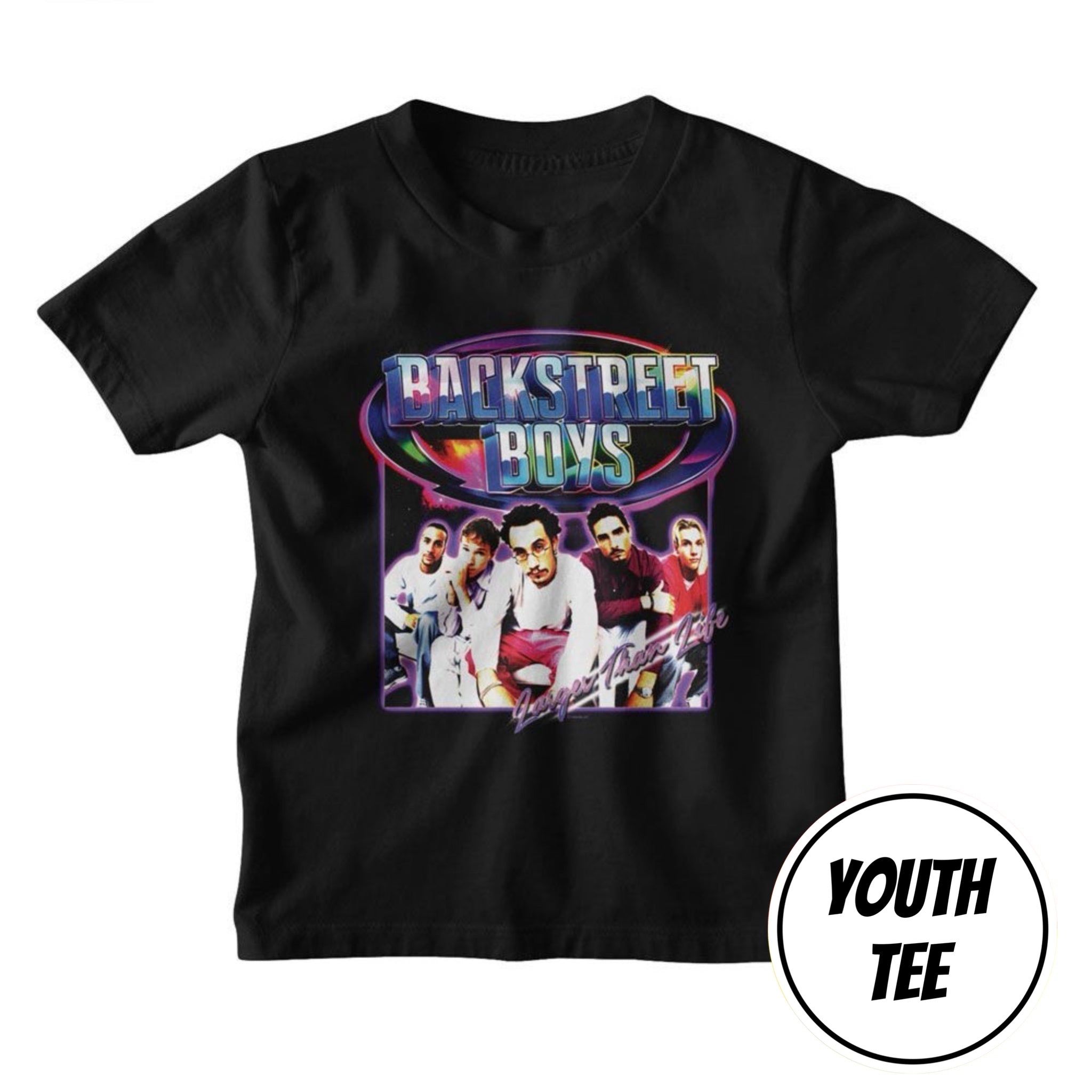 A black youth short-sleeve t-shirt featuring a colorful 'Backstreet Boys' graphic print on the front, displayed against a solid white background with a 'Youth Tee' badge in the bottom right corner.