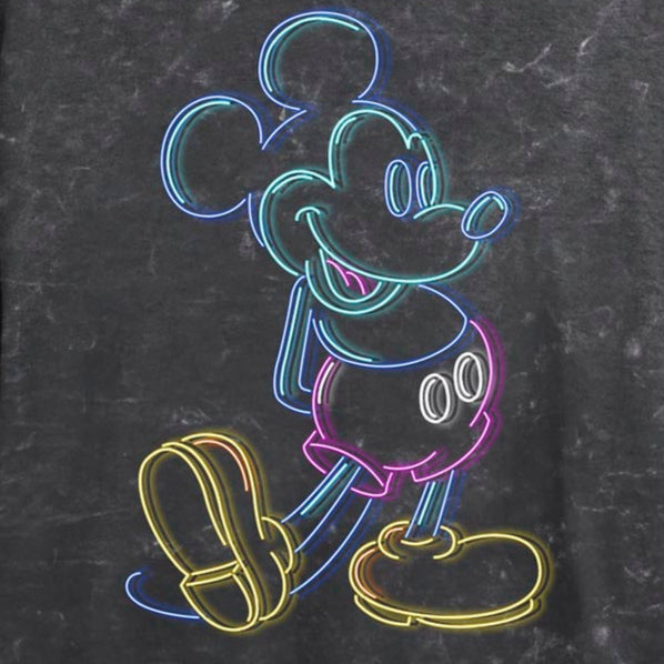 Junior's Disney Neon Mickey Mouse Outline Mineral Wash Crop Top T-Shirt | Blue Culture Tees