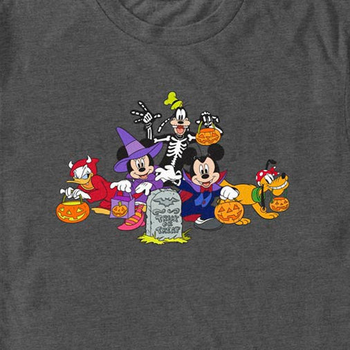 Dark gray t-shirt with Halloween-themed cartoon characters on a charcoal background
