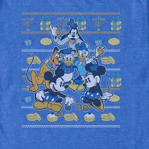 A heather blue short-sleeve t-shirt featuring a colorful graphic print of Disney characters Mickey Mouse, Minnie Mouse, Goofy, and Donald Duck in a holiday sweater-style design with cheese motifs.