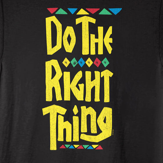 A black short-sleeve crewneck t-shirt featuring a retro-style graphic on the front with the text 'Do The Right Thing' in bold yellow lettering, accented with colorful geometric patterns in red, green, and blue.