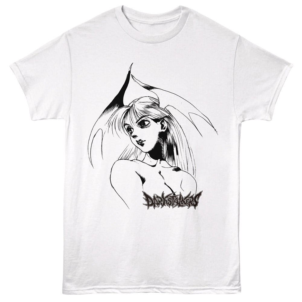 White t-shirt with black and white graphic design of a woman with horns and the text 'Dark Angel' on a white background.
