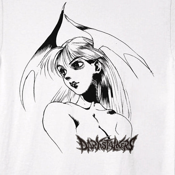 White t-shirt with black and white graphic design of a woman with horns and the text 'Dark Angel' on a white background.
