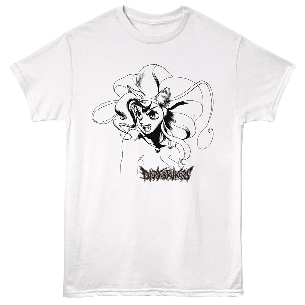 A white short-sleeve crewneck t-shirt featuring a black line art graphic of a stylized anime character with a bow and the word 'Demon Beast' in a black metal font below it.