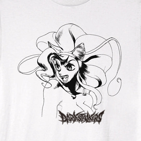 A white short-sleeve crewneck t-shirt featuring a black line art graphic of a stylized anime character with a bow and the word 'Demon Beast' in a black metal font below it.
