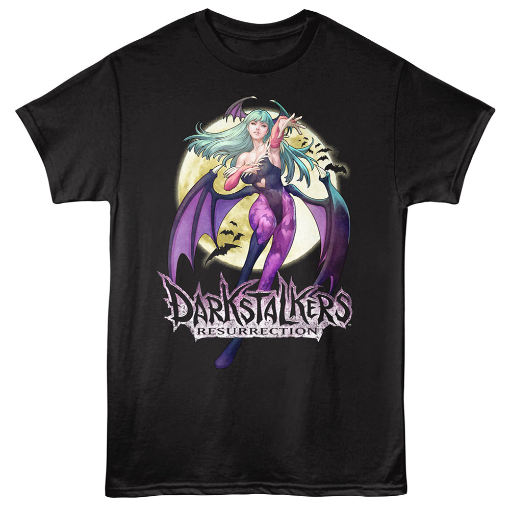 A black short-sleeve graphic t-shirt featuring a stylized illustration of a vampire woman with purple wings and teal hair, with the text 'Darkstalkers Resurrection' printed below the graphic.