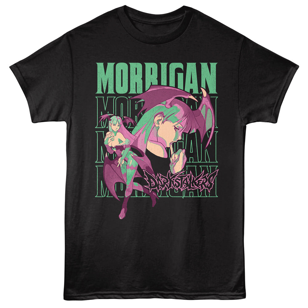 A black short-sleeve graphic t-shirt featuring an anime-style illustration of Morrigan from the game Dark Souls, with 'MORRIGAN' printed in green text above the character.