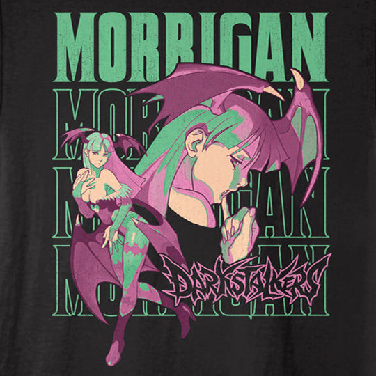 A black short-sleeve graphic t-shirt featuring an anime-style illustration of Morrigan from the game Dark Souls, with 'MORRIGAN' printed in green text above the character.