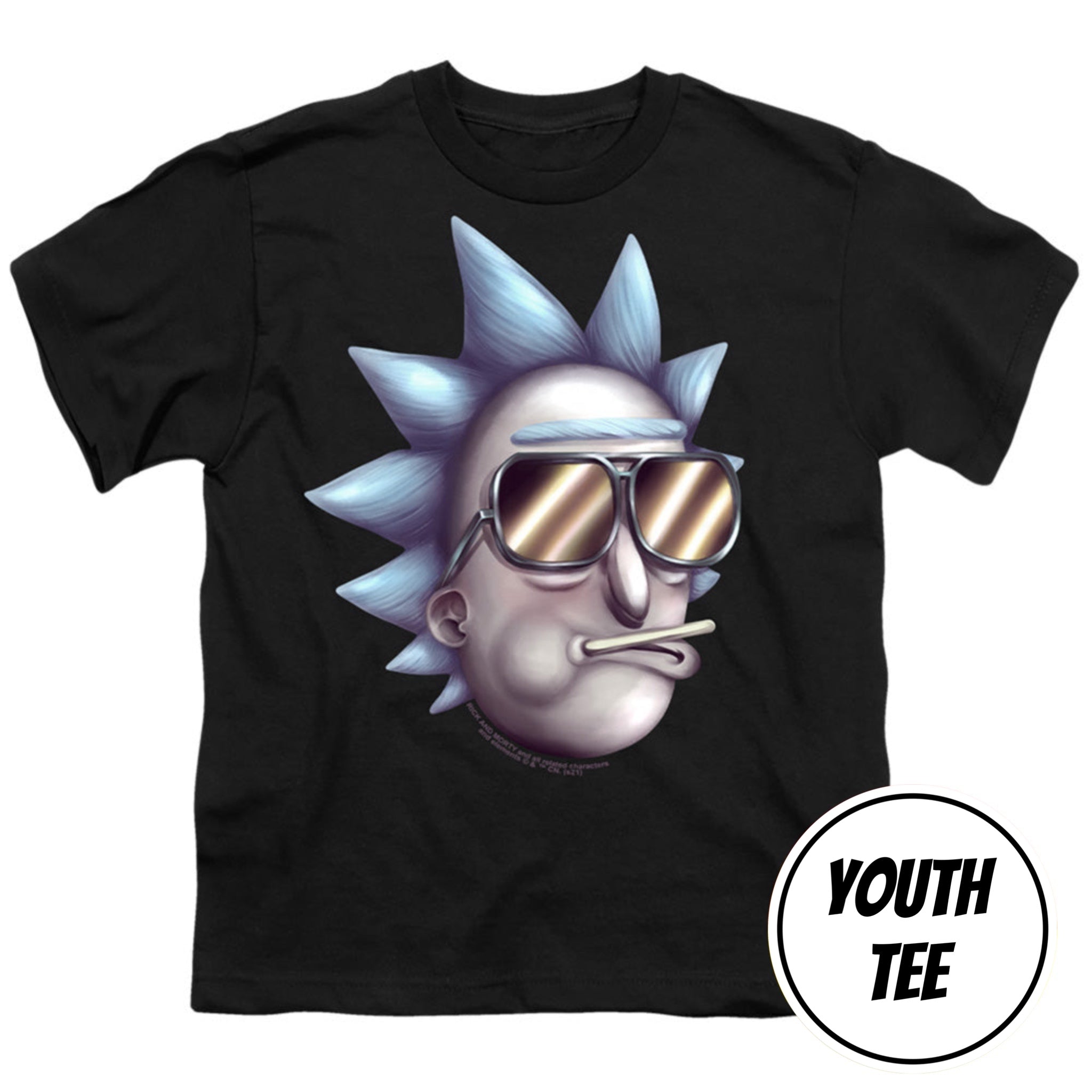 A black youth short-sleeve t-shirt featuring a graphic print of Rick Sanchez from 'Rick and Mortal' wearing sunglasses and a cigar, with a 'YOUTH TEE' label overlay in the bottom right corner.
