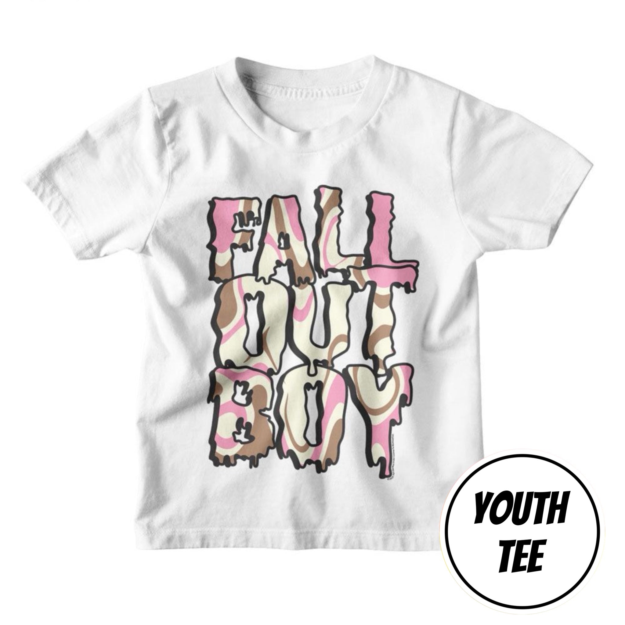 A white youth short-sleeve t-shirt with a stylized graphic reading 'FALL OUT BOY' in dripping pink, beige, and brown letters outlined in black. A circular badge in the bottom right corner reads 'YOUTH TEE'.