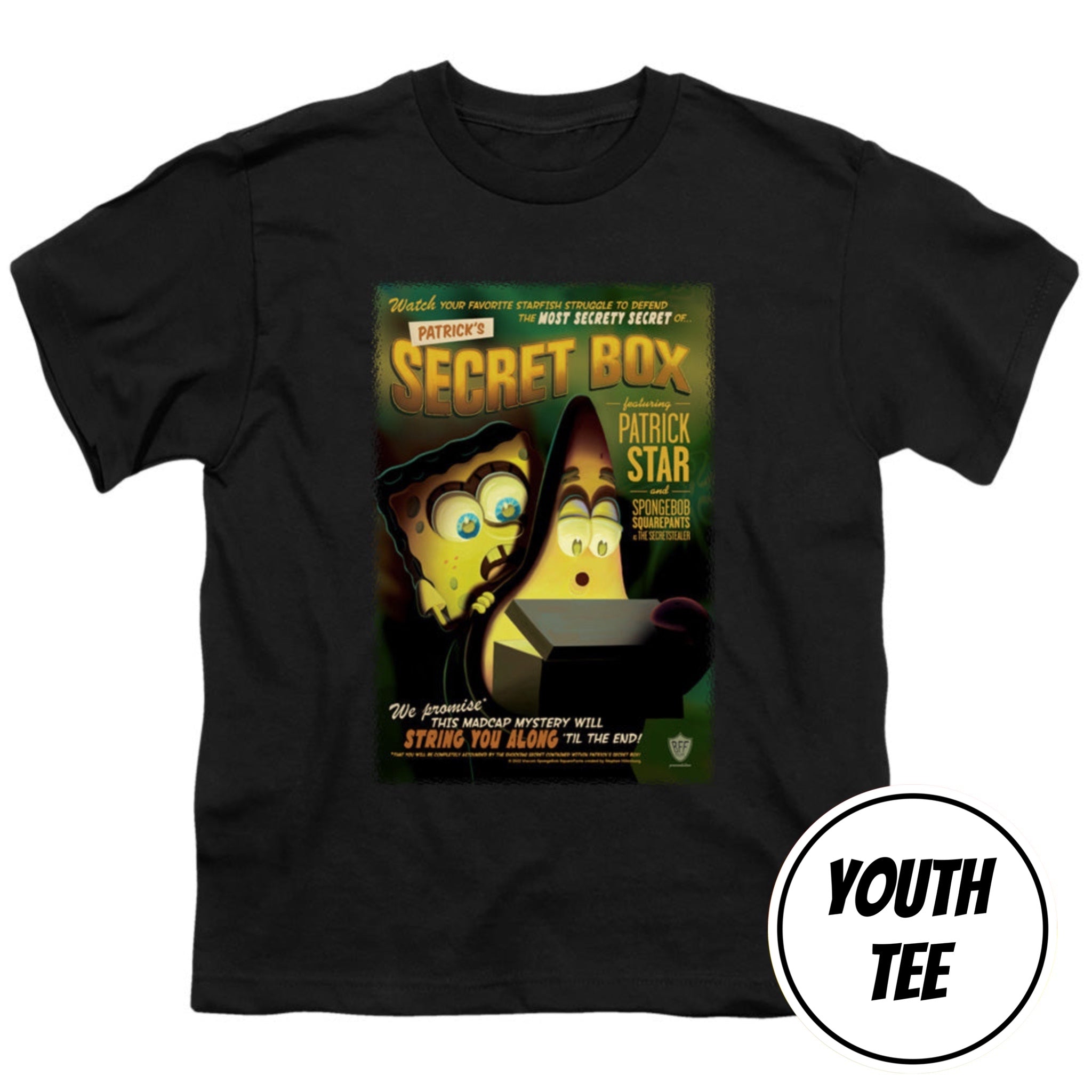 A black youth crewneck t-shirt featuring a graphic print of a vintage movie poster for 'What's Your Secret Box' with Patrick Star and SpongeBob. A white circular badge in the bottom right corner reads 'YOUTH TEE'.
