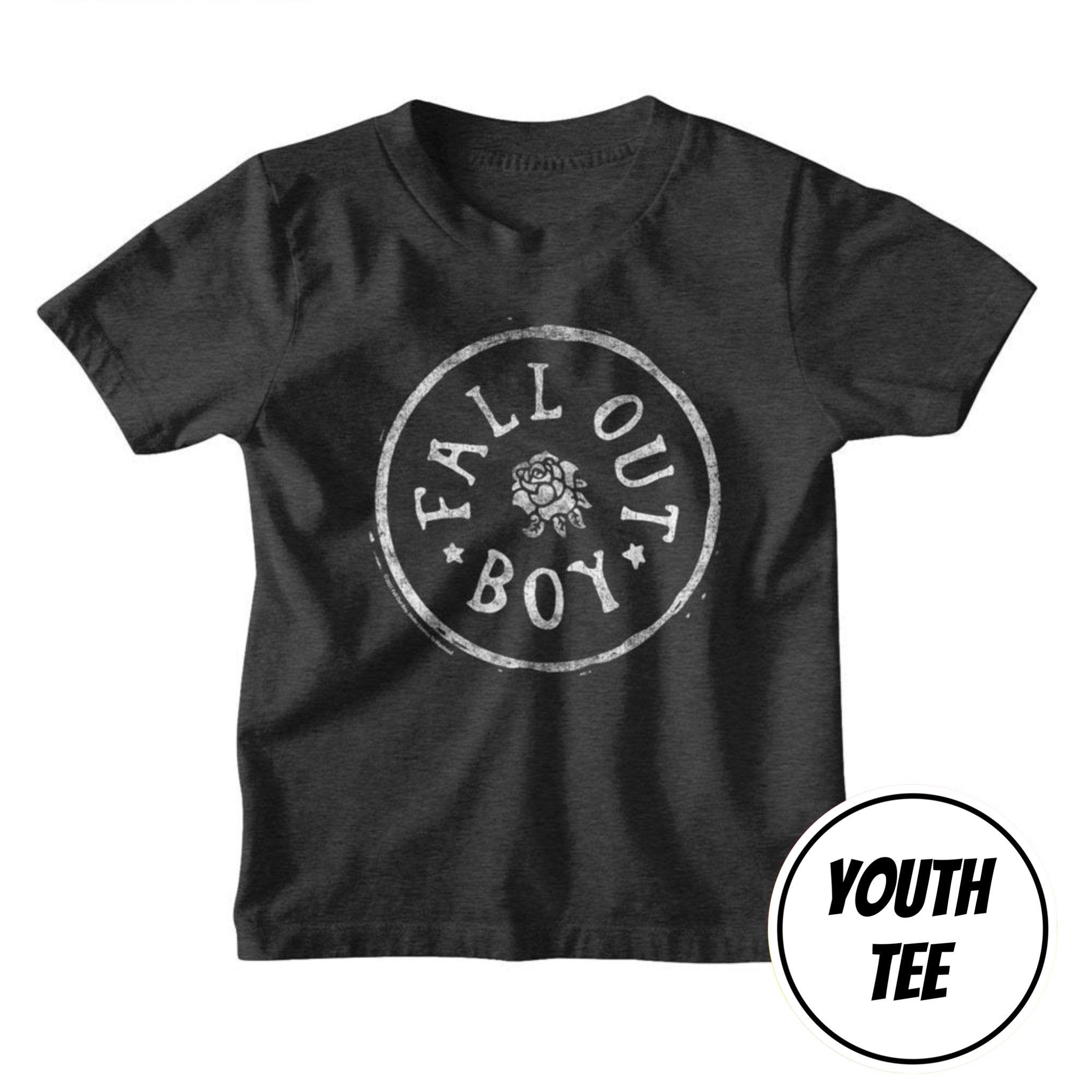 A youth dark gray heather t-shirt with a distressed white circular graphic reading 'FALL OUT BOY' and a rose in the center. A white circular badge in the bottom right corner reads 'YOUTH TEE'.