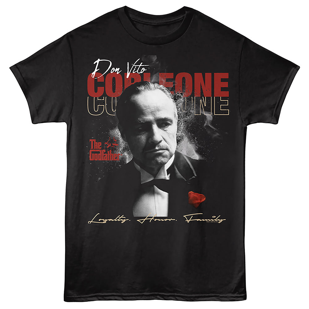 Black t-shirt with 'Don Vito Corleone' graphic and 'The Godfather' text on a black background
