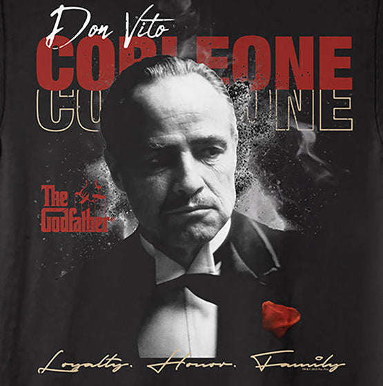 Black t-shirt with 'Don Vito Corleone' graphic and 'The Godfather' text on a black background