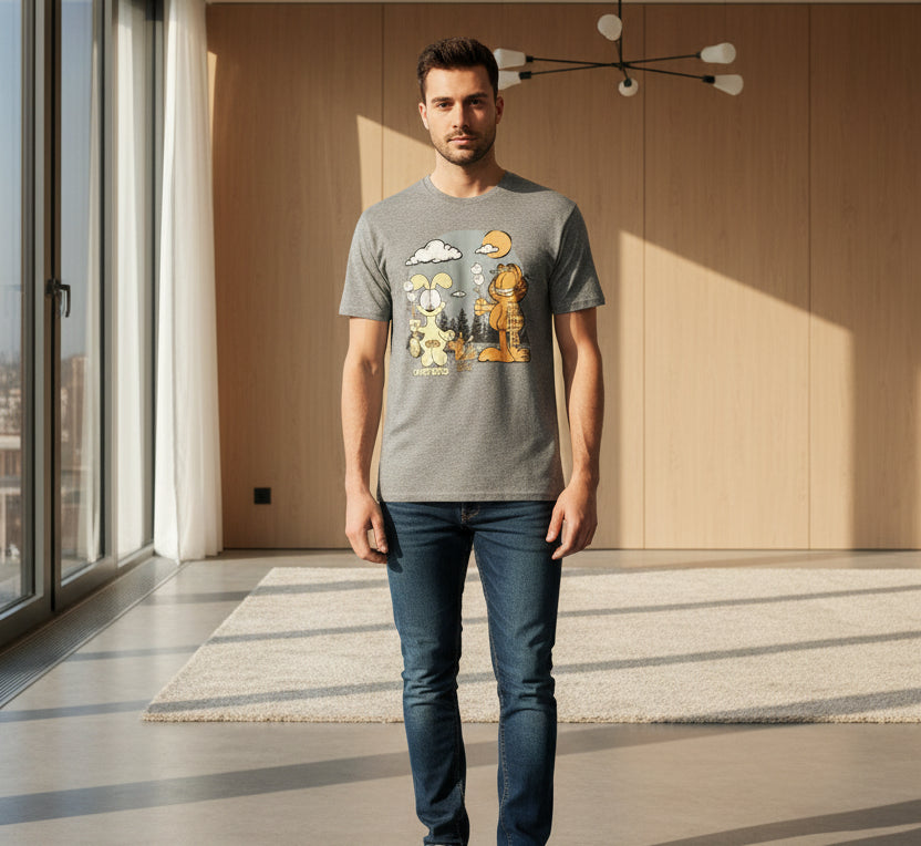 A heather gray short-sleeve crewneck t-shirt featuring a colorful graphic print of Garfield and Odie camping under a crescent moon, with the word 'GARFIELD' printed below the cartoon.
