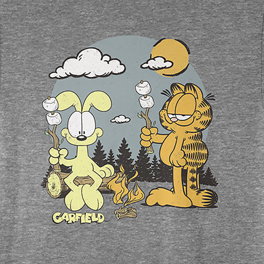 A heather gray short-sleeve crewneck t-shirt featuring a colorful graphic print of Garfield and Odie camping under a crescent moon, with the word 'GARFIELD' printed below the cartoon.