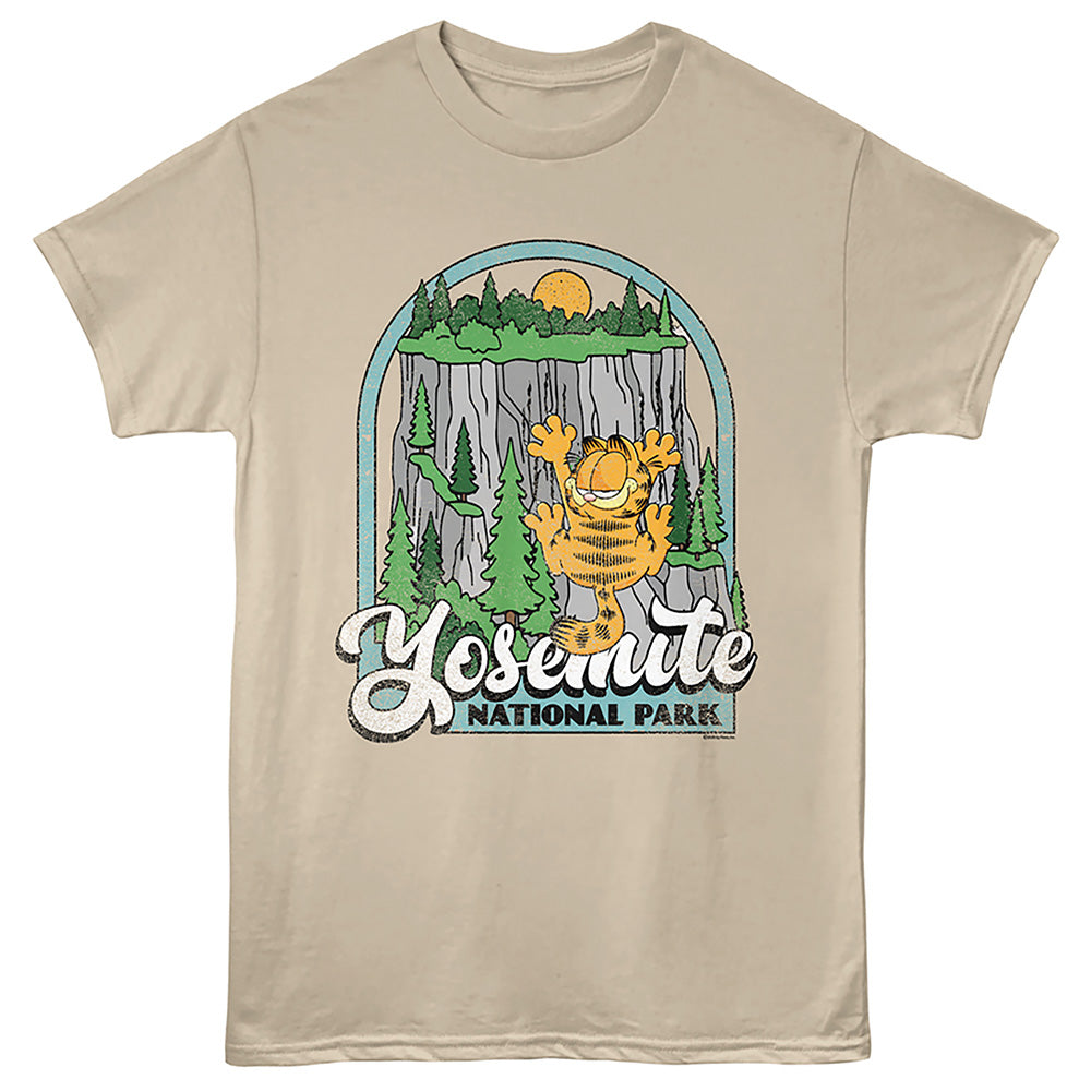 A beige crewneck t-shirt featuring a graphic print of Garfield in front of a Yosemite National Park cliff, with 'Yosemite National Park' text below.