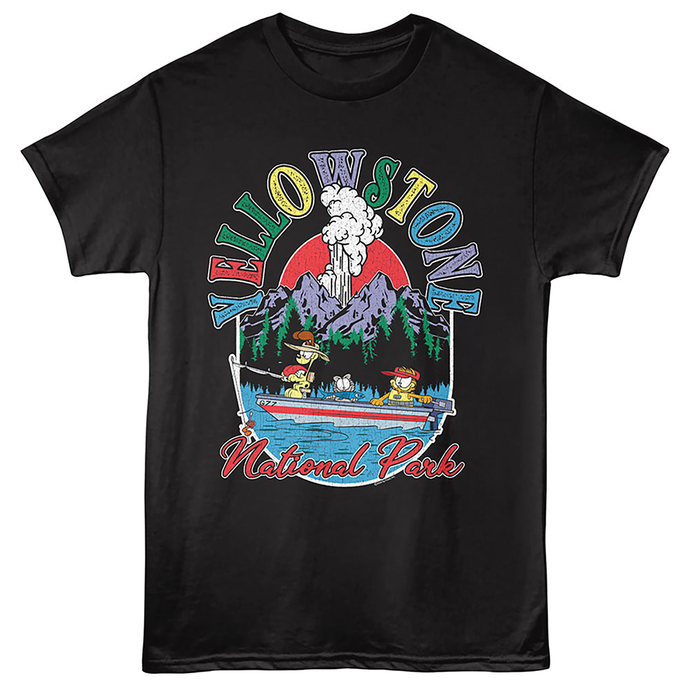 A black short-sleeve graphic t-shirt featuring a colorful cartoon print of characters in a boat on Yellowstone National Park water, with 'Yellowstone National Park' text and mountains in the background.