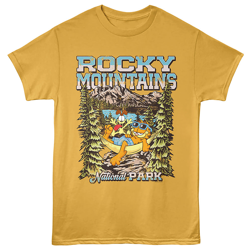 A yellow short-sleeve crewneck t-shirt featuring a colorful graphic print of Garfield and Tommy the Beaver relaxing in a canoe in front of a mountain landscape with pine trees, with 'ROCKY MOUNTAINS National Park' text.