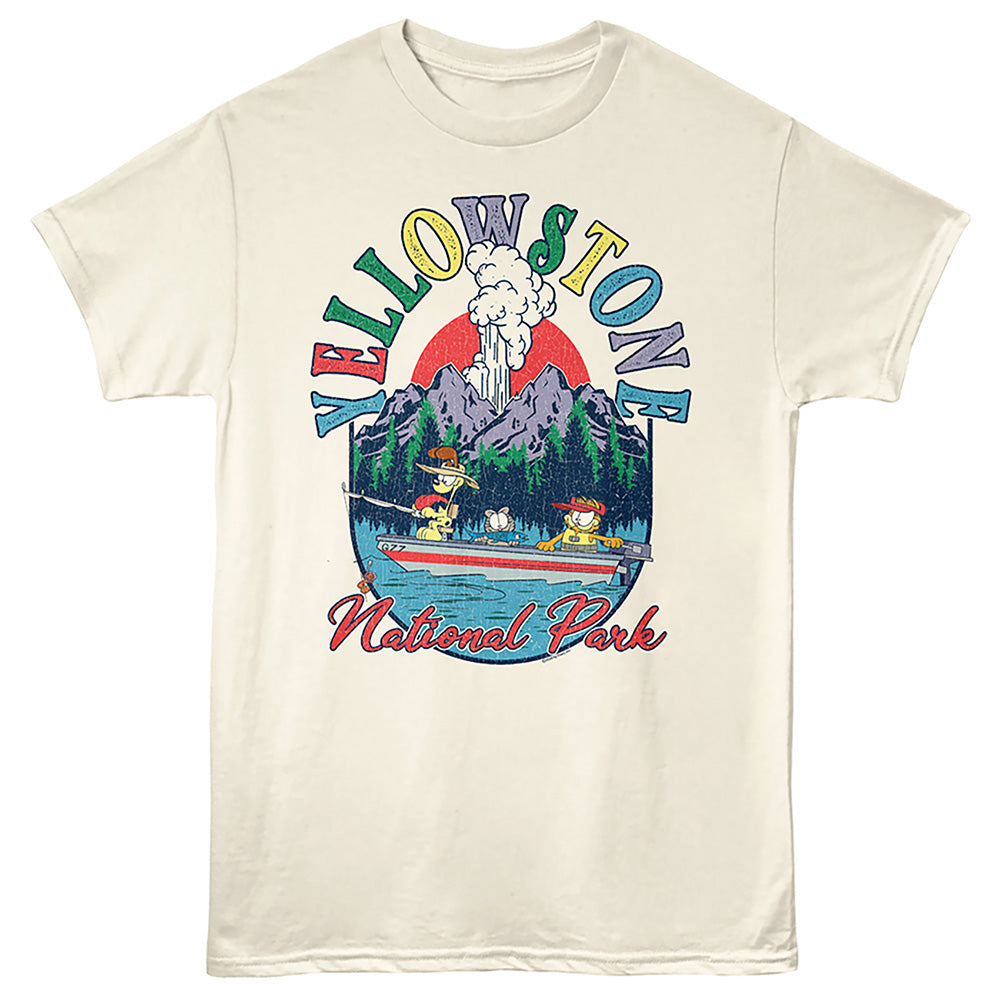 An off-white crewneck t-shirt featuring a colorful graphic print of Yellow Stone National Park with Snoopy and Woodstock in a boat, set against a plain white background.