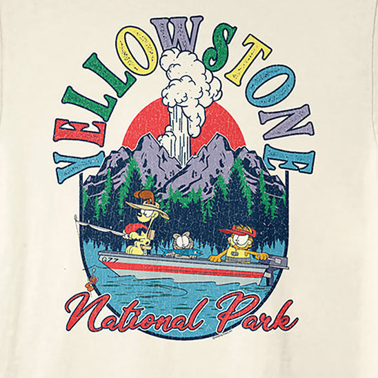 An off-white crewneck t-shirt featuring a colorful graphic print of Yellow Stone National Park with Snoopy and Woodstock in a boat, set against a plain white background.