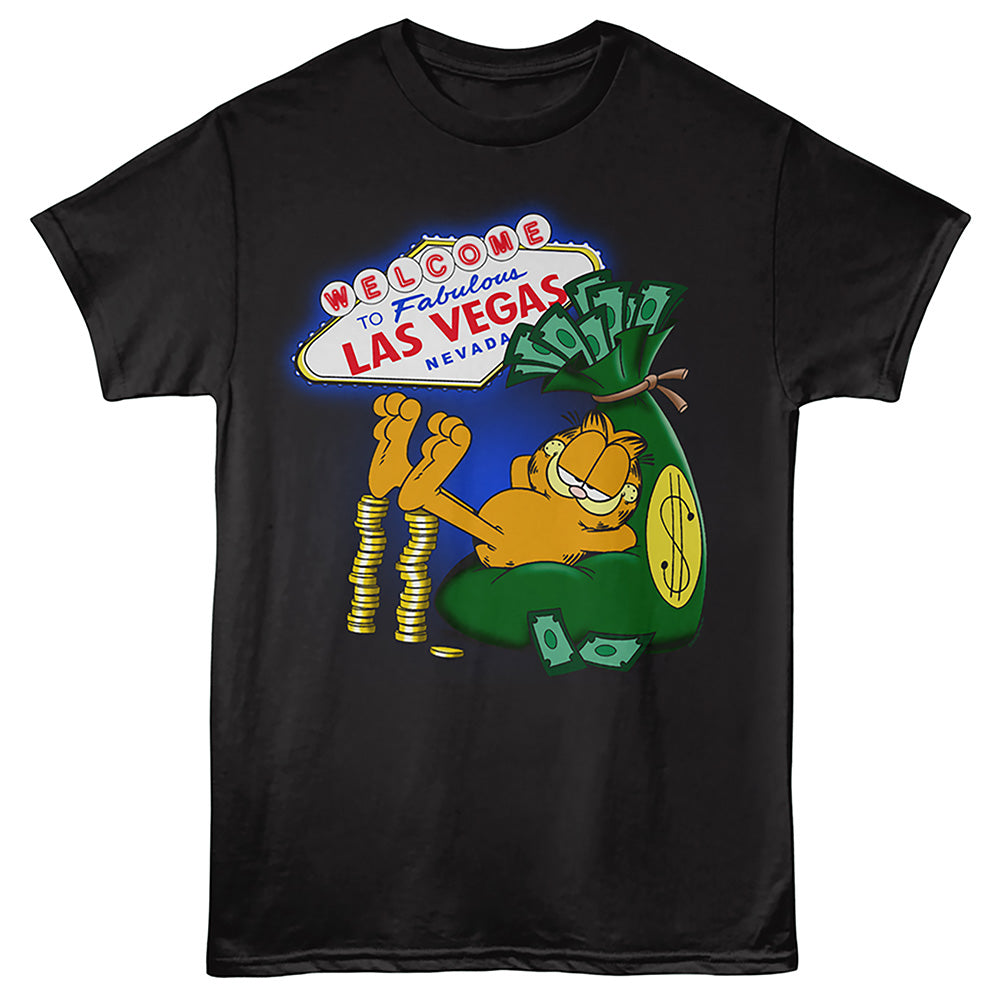 A black short-sleeve crewneck t-shirt featuring a colorful graphic print of Garfield lounging next to a green money sack and the 'Welcome to Fabulous Las Vegas' sign.