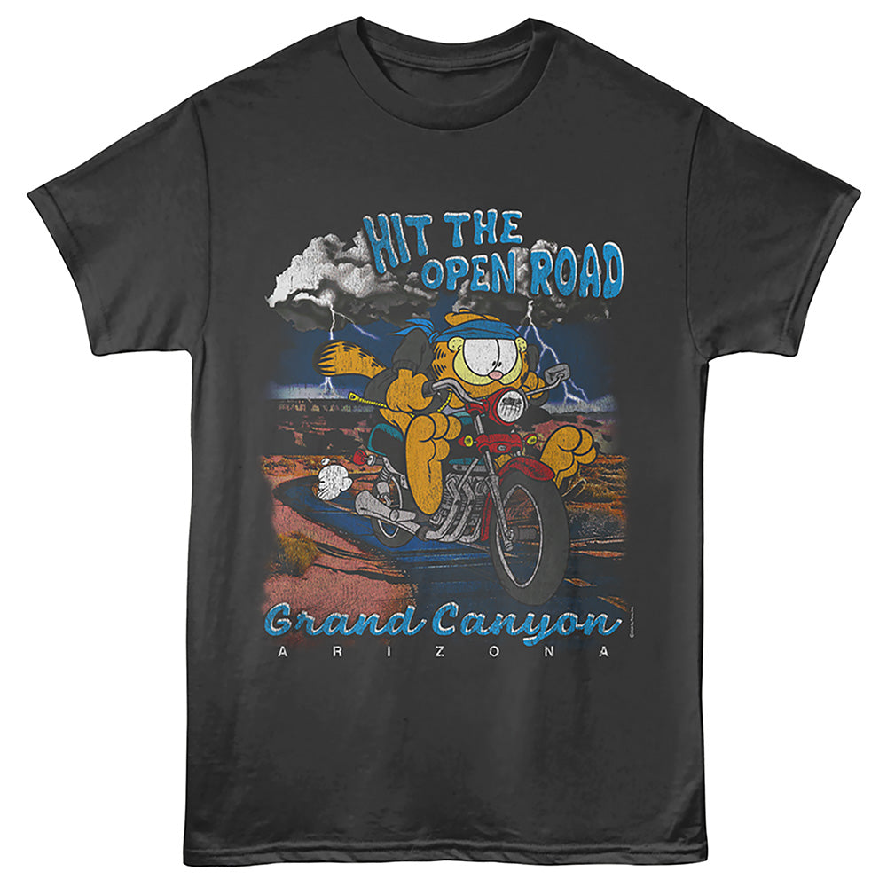 A dark charcoal gray graphic t-shirt featuring Garfield riding a motorcycle in the Grand Canyon with the text 'HIT THE OPEN ROAD' and 'Grand Canyon ARIZONA'.