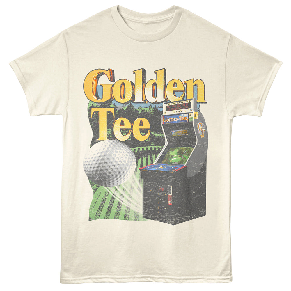 An off-white short-sleeve t-shirt featuring a retro graphic print of a golf ball, a vintage arcade machine, and the text 'Golden Tee'.