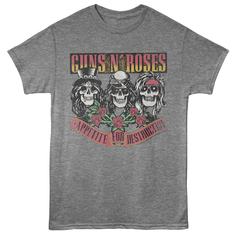 Gray t-shirt with Guns N' Roses 'Appetite for Destruction' graphic on a gray background